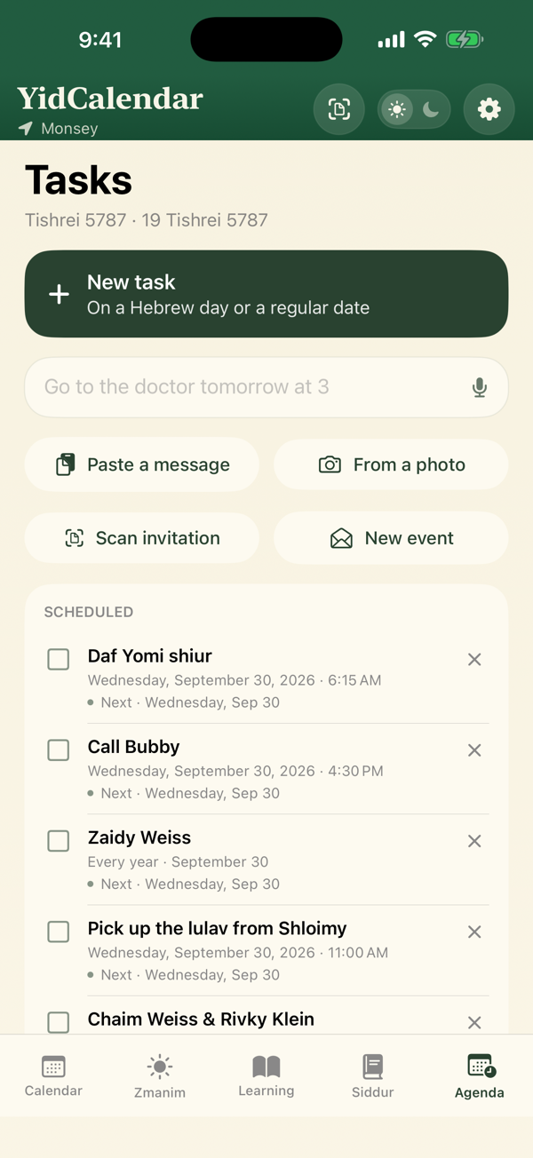 Tasks and reminders in YidCalendar Agenda