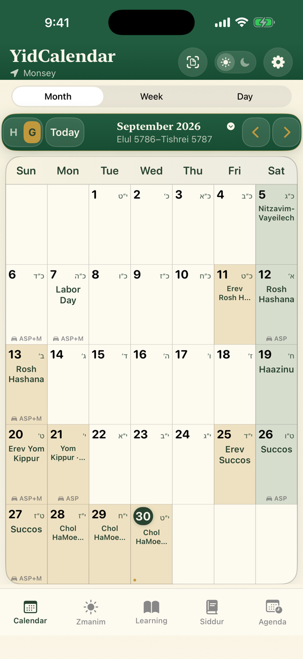 YidCalendar’s month calendar showing Hebrew and Gregorian dates, holidays and parsha